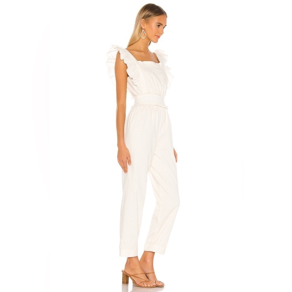 Tularosa Ames Jumpsuit Ivory Cream Ruffle Linen Smocked Waistband Square Neck